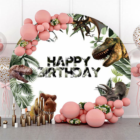 Feuilles de la jungle et toile de fond d'anniversaire ronde de dinosaures