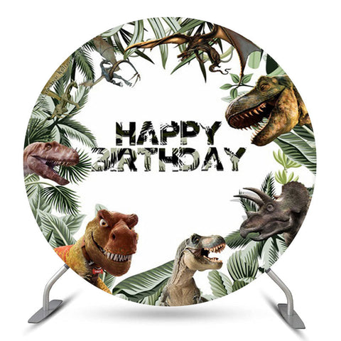 Feuilles de la jungle et toile de fond d'anniversaire ronde de dinosaures