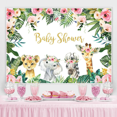 Toile de fond de douche de bébé jungle rose rose et bébés animaux