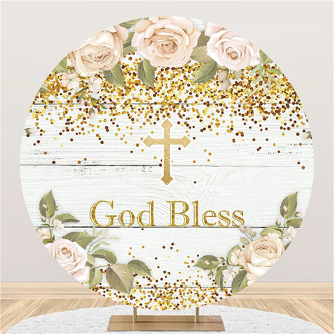 Kaki Floral Gold Glitter God Bless Baby Shower Backdrop