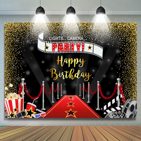 Lets Camera Party Red Carpet Gold Glitter Birthday Backdrop