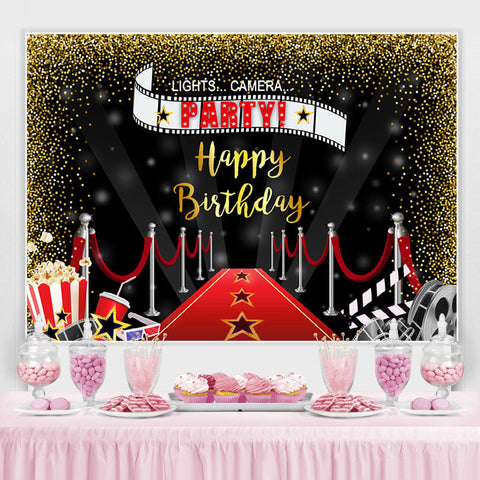 Lets Camera Party Red Carpet Gold Glitter Birthday Backdrop