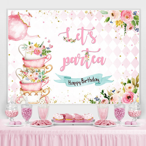 Lets Partea théière rose et toile de fond anniversaire floral