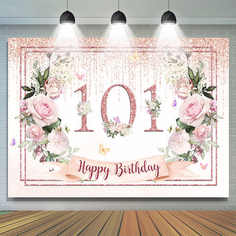 Toile de fond joyeux 101 anniversaire à paillettes florales rose clair