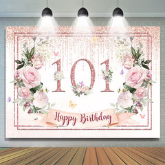 Toile de fond joyeux 101 anniversaire à paillettes florales rose clair