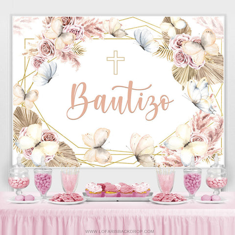 Toile de fond de douche de bébé Bautizo floral rose clair kaki