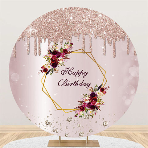 Fond de joyeux anniversaire floral rond à paillettes rose clair