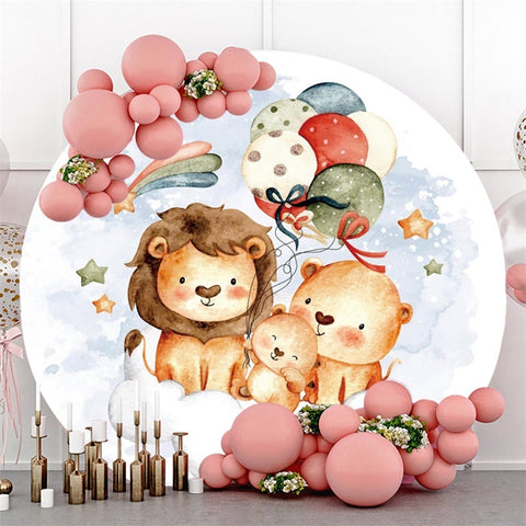 Toile De Fond De Fête De Bébé De Ballon Rond De Lion Et D'ours En Peluche