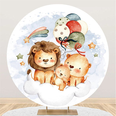 Toile De Fond De Fête De Bébé De Ballon Rond De Lion Et D'ours En Peluche