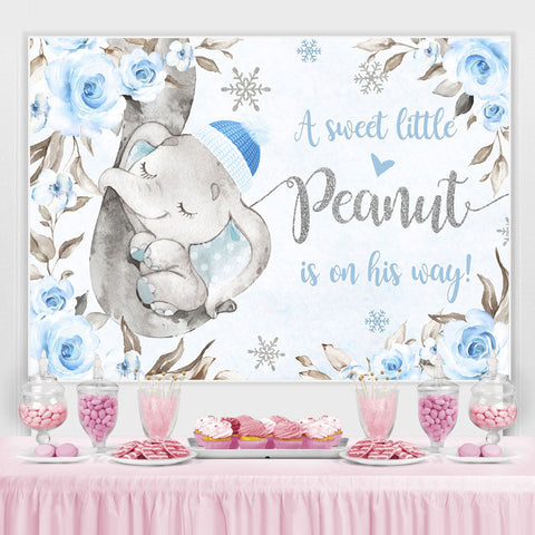 Toile de fond de douche de bébé floral bleu petit éléphant doux