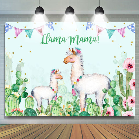 Llama Mama Green Cactus Gold Dots Toile de fond de fête à thème