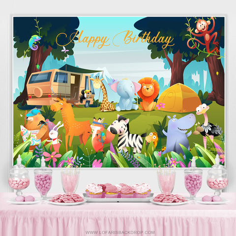 Toile de fond de camping Safari de beaux animaux pour l'anniversaire