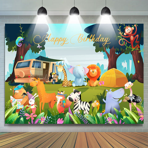 Toile de fond de camping Safari de beaux animaux pour l'anniversaire