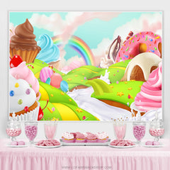 Belle toile de fond d'anniversaire de dessert de terre de sucrerie d'arc-en-ciel