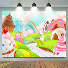 Belle toile de fond d'anniversaire de dessert de terre de sucrerie d'arc-en-ciel