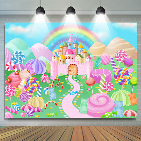 Toile de fond magique d'anniversaire du monde du château de Candyland