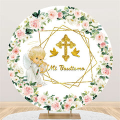 Toile de fond de douche de bébé ronde ange floral Mi Bautizo