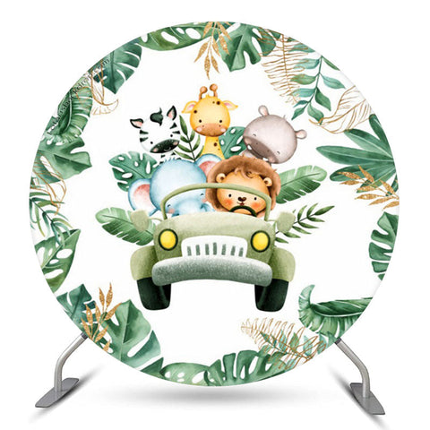 Monstera Green Truck Animals Toile de fond d'anniversaire ronde