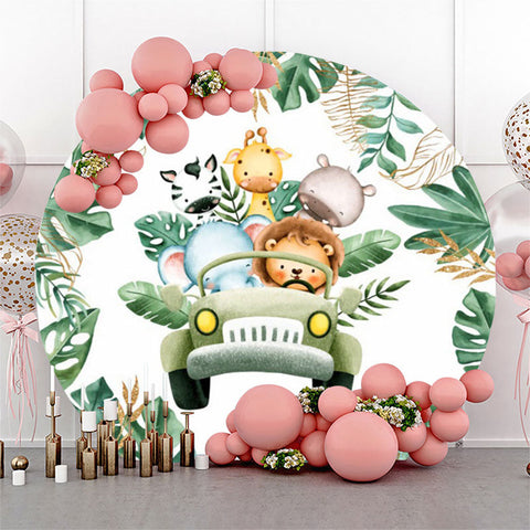 Monstera Green Truck Animals Toile de fond d'anniversaire ronde