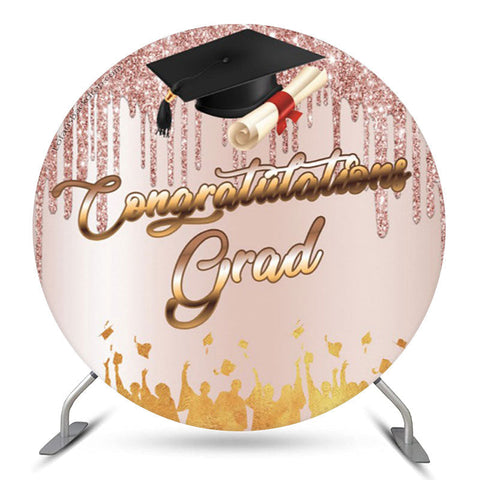 Mortarboard Pink Glitter Round Félicitations Grad Backdrop