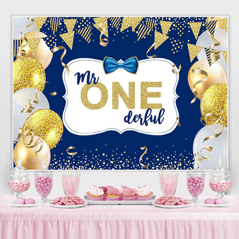 Toile de fond d'anniversaire de ballon bleu et or de M. One Derful