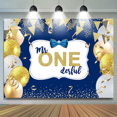 Toile de fond d'anniversaire de ballon bleu et or de M. One Derful