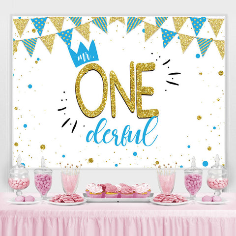 Mr.Onederful Bule et Gold 1st Birthday Backdrop Boy