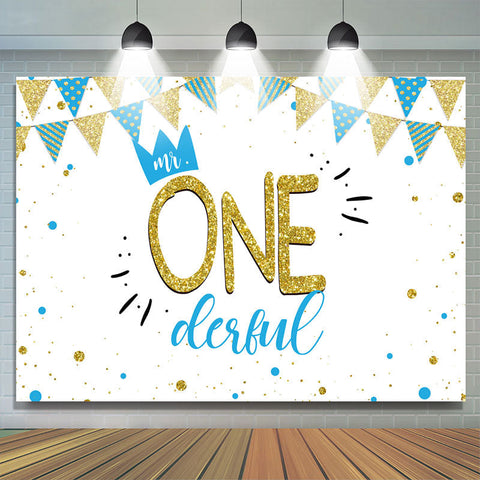 Mr.Onederful Bule et Gold 1st Birthday Backdrop Boy