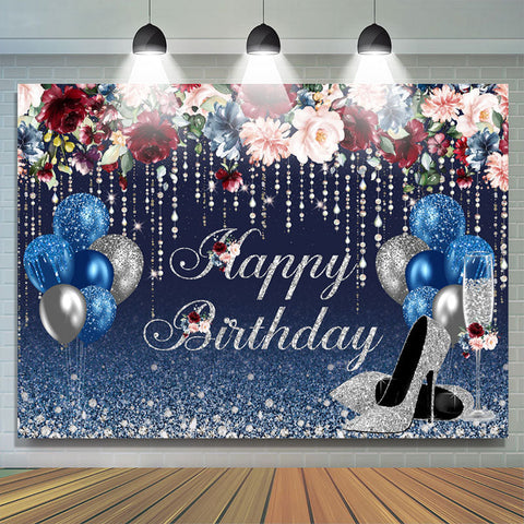 Toile de fond anniversaire paillettes bleu marine et argent ballons