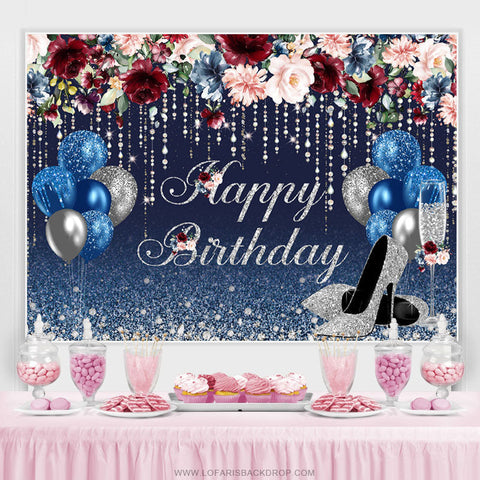 Toile de fond anniversaire paillettes bleu marine et argent ballons