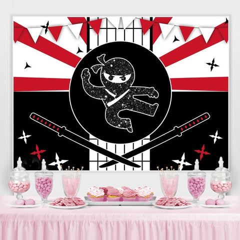 Toile de fond d'anniversaire ninja bannière de fête noire et rouge