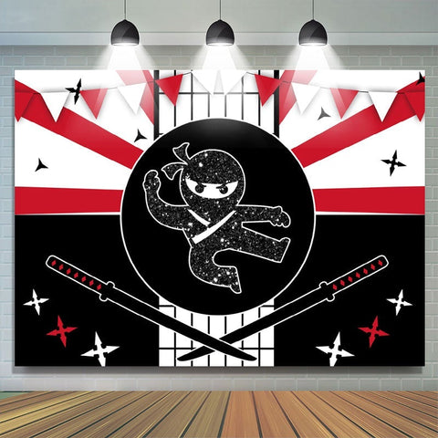 Toile de fond d'anniversaire ninja bannière de fête noire et rouge