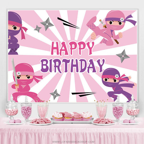 Toile de fond joyeux anniversaire ninja rose et blanc pour les filles