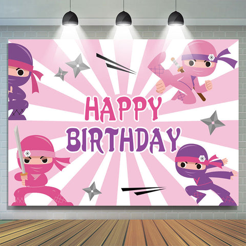 Toile de fond joyeux anniversaire ninja rose et blanc pour les filles