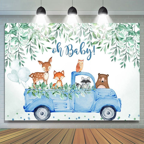 Oh bébé voiture bleue avec toile de fond de douche de bébé animaux garçon