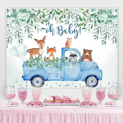 Oh bébé voiture bleue avec toile de fond de douche de bébé animaux garçon