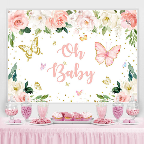 Oh Baby Butterfly Pink Floral Gold Glitter Backdrop pour Baby Shower