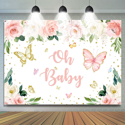 Oh Baby Butterfly Pink Floral Gold Glitter Backdrop pour Baby Shower