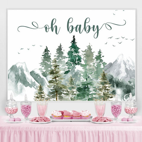 Toile de fond Oh Baby Mountain et Pine Tree Baby Shower