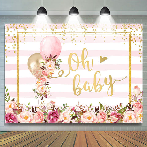 Oh bébé rose ballon floral rayure bébé douche toile de fond