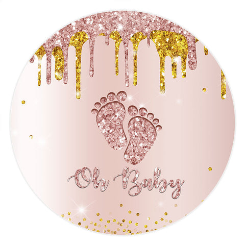 Oh Baby – toile de fond ronde avec pieds scintillants en or Rose, pour fête prénatale