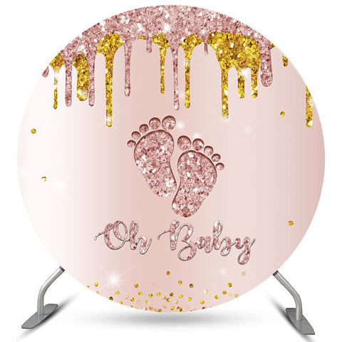 Oh Baby – toile de fond ronde avec pieds scintillants en or Rose, pour fête prénatale