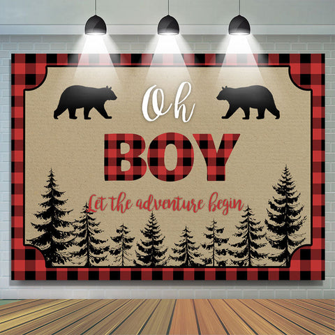 Oh Boy Adventure Bears Forest Red Plaid Baby Shower Toile de fond