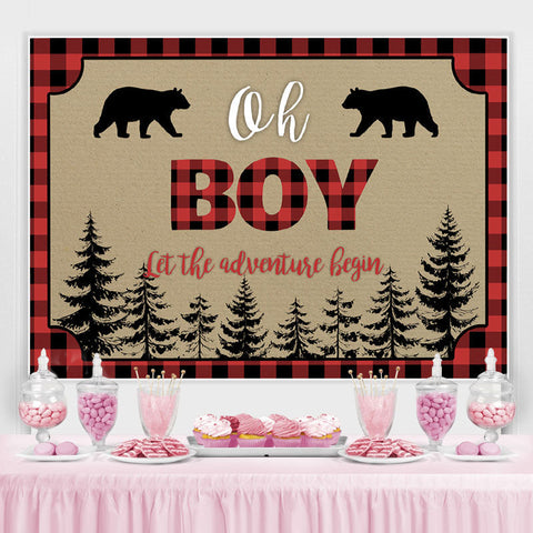 Oh Boy Adventure Bears Forest Red Plaid Baby Shower Toile de fond