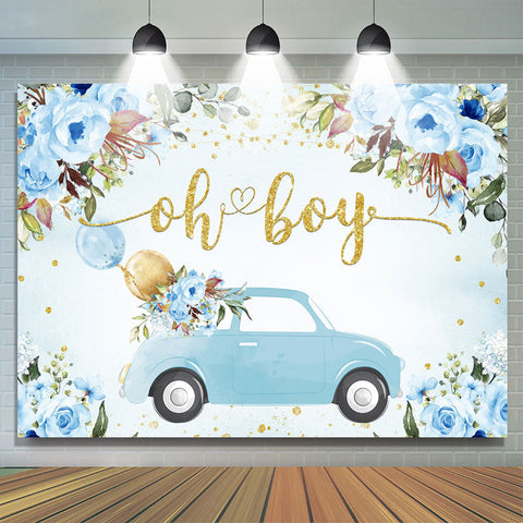Toile de fond de douche de bébé floral Oh Boy voiture bleue et ballon