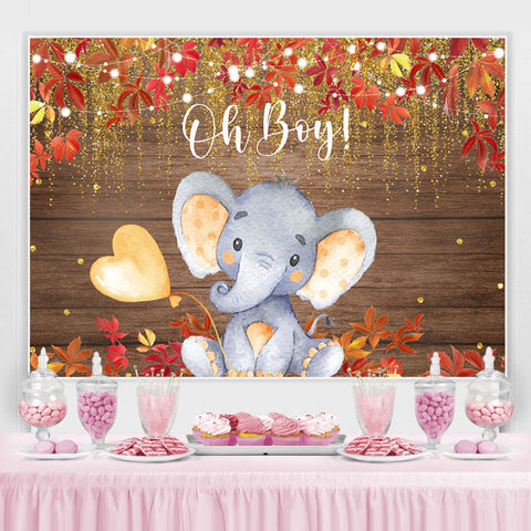 Oh Boy Éléphant Rouge Feuilles Or Paillettes Baby Shower Toile de Fond