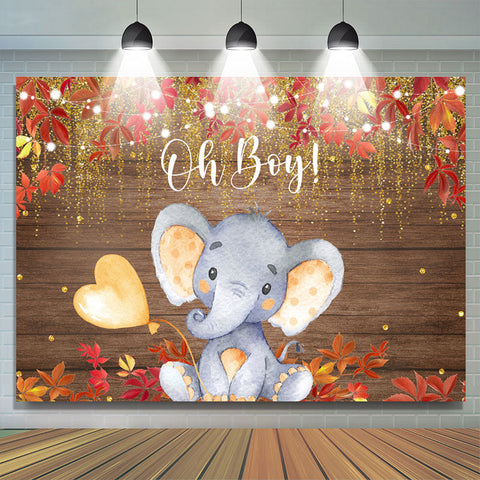 Oh Boy Éléphant Rouge Feuilles Or Paillettes Baby Shower Toile de Fond