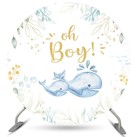 Oh Boy, baleine, feuilles vertes, toile de fond ronde pour fête prénatale