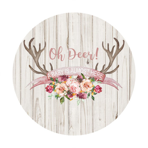 Oh Deer Toile de fond ronde en bois à rayures blanches pour fête prénatale