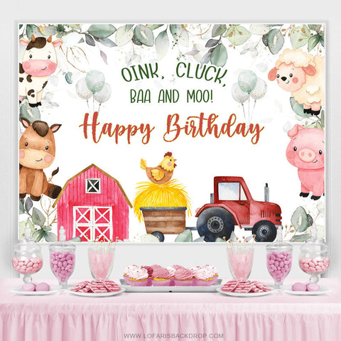 Oink Cluck Baa et Moo Fond d'anniversaire des animaux de la ferme